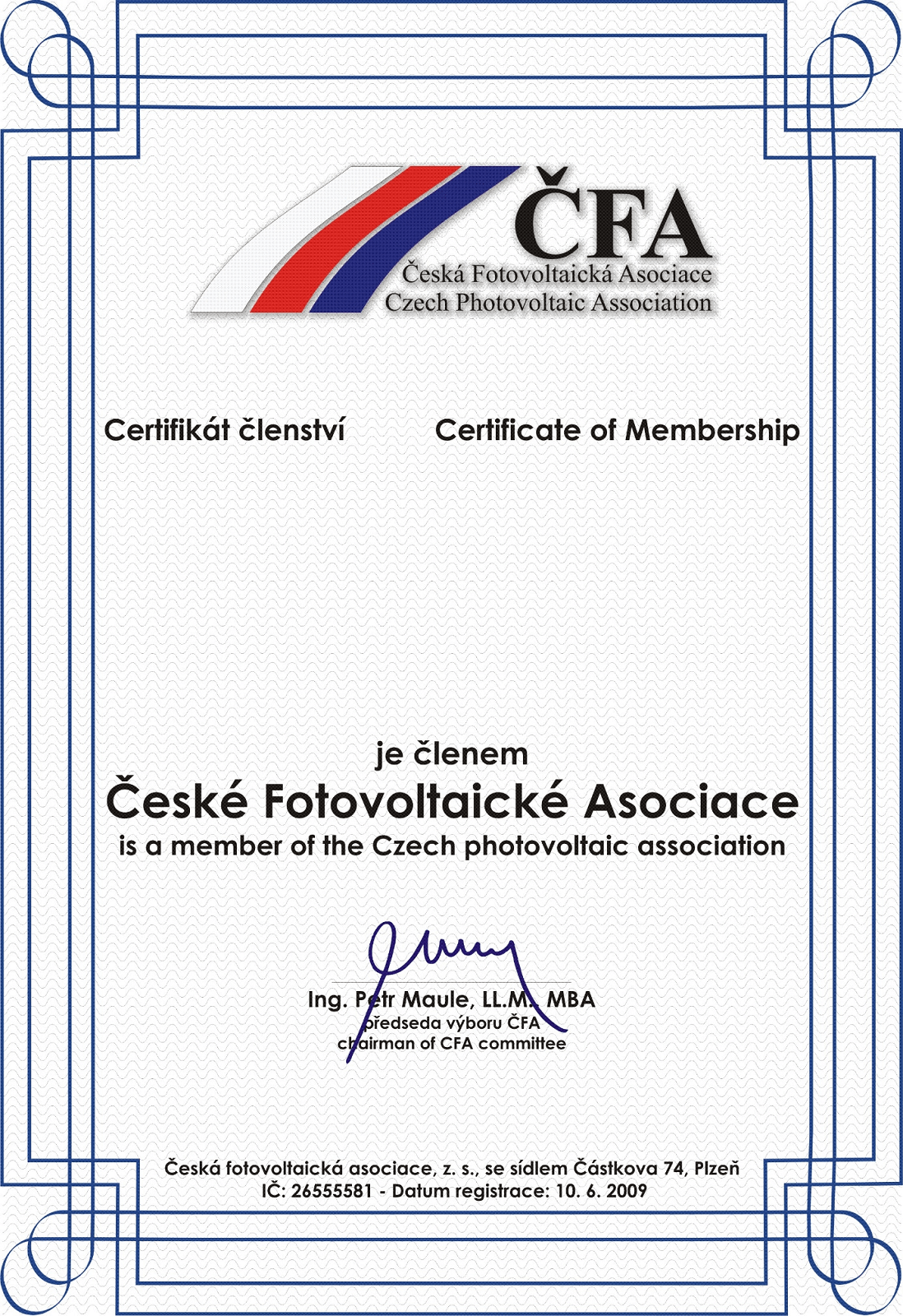 Certifikace o členství České Fotovoltaické Asociace